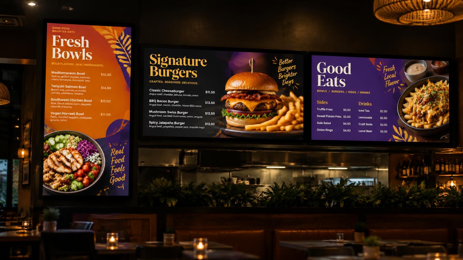 Three digital menu screens in a restaurant